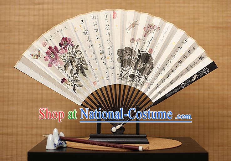 Traditional Chinese Crafts Collectables Autograph Xuan Paper Folding Fan, China Handmade Ink Painting Lotus Peony Fans for Men