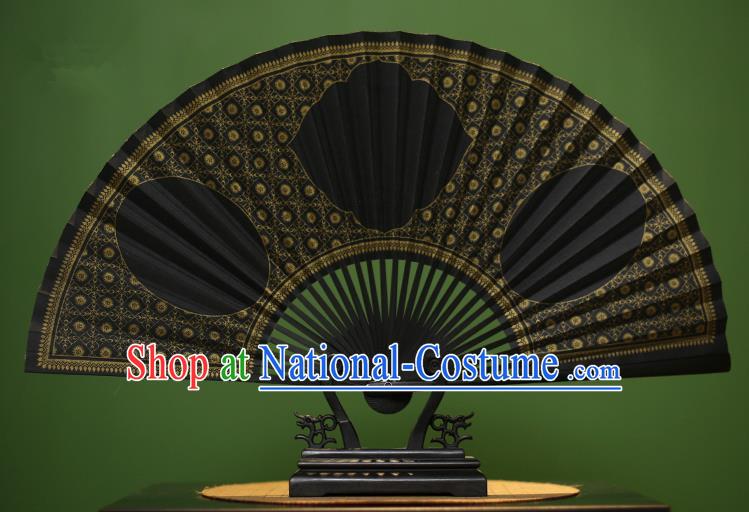 Traditional Chinese Crafts Black Paper Folding Fan, China Handmade Gold Stamping Fans for Men