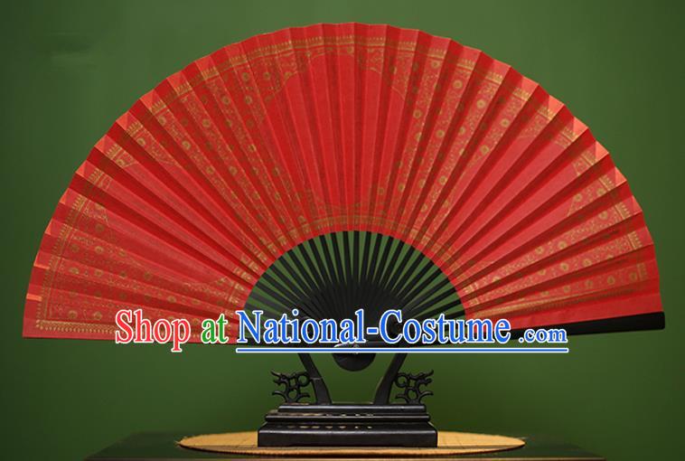 Traditional Chinese Crafts Red Paper Folding Fan, China Handmade Gold Stamping Fans for Men