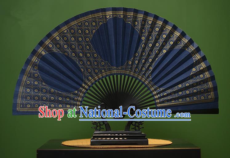 Traditional Chinese Crafts Blue Paper Folding Fan, China Handmade Gold Stamping Fans for Men