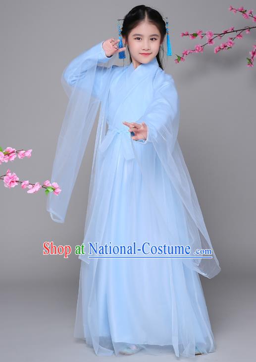 Traditional Chinese Ancient Princess Blue Dress, China Han Dynasty Palace Lady Fairy Hanfu Clothing for Kids