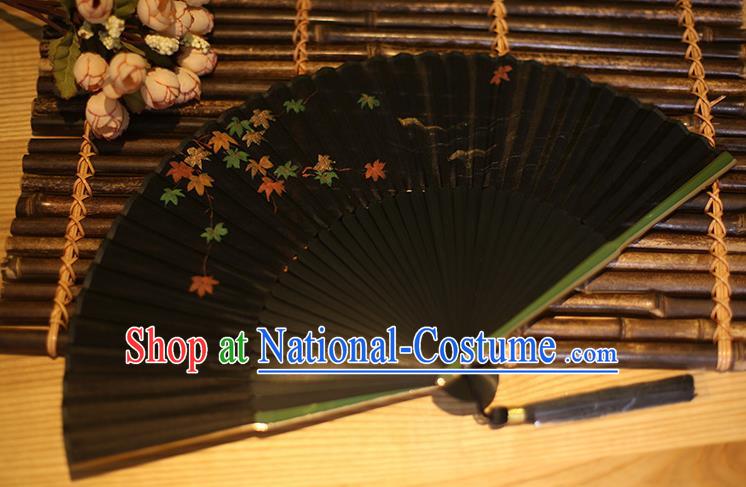 Traditional Chinese Crafts Printing Maple Leaf Classical Folding Fan, China Handmade Black Silk Fans for Women