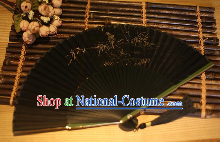 Traditional Chinese Crafts Printing Bamboo Classical Folding Fan, China Handmade Black Silk Fans for Women