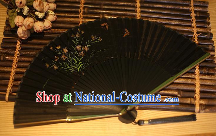 Traditional Chinese Crafts Printing Orchid Classical Folding Fan, China Handmade Black Silk Fans for Women