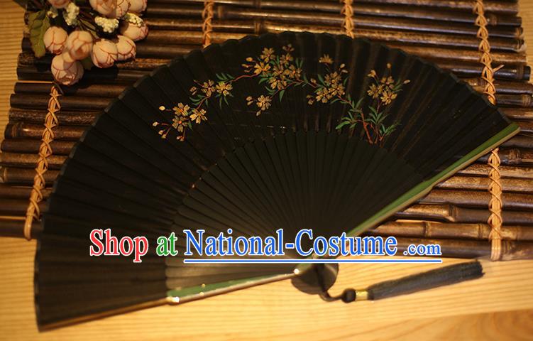 Traditional Chinese Crafts Printing Peach Blossom Classical Folding Fan, China Handmade Black Silk Fans for Women