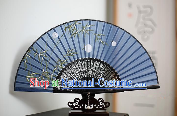 Traditional Chinese Crafts Printing Bamboo Classical Folding Fan, China Handmade Blue Silk Fans for Women