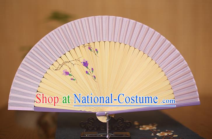 Traditional Chinese Crafts Printing Magnolia Classical Folding Fan, China Handmade Purple Silk Fans for Women