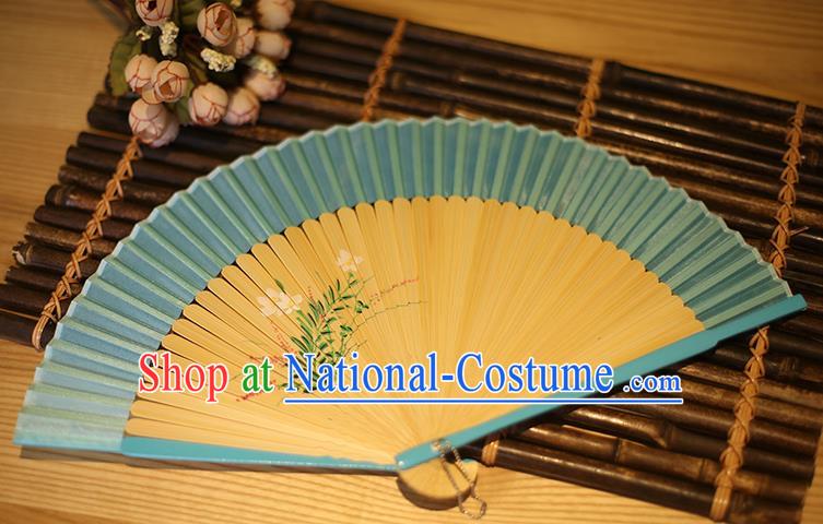 Traditional Chinese Crafts Printing Flowers Classical Folding Fan, China Handmade Blue Silk Fans for Women