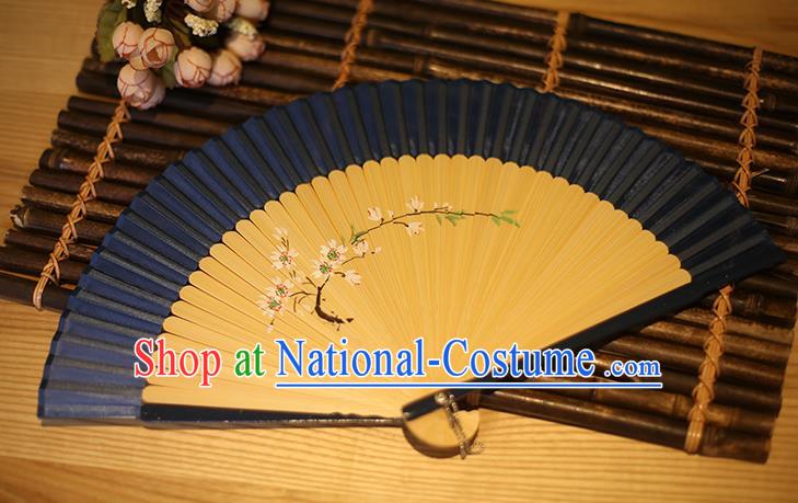 Traditional Chinese Crafts Printing Peach Blossom Classical Folding Fan, China Handmade Navy Silk Fans for Women