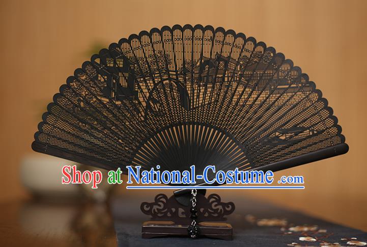 Traditional Chinese Crafts Hollow Out Ebony Folding Fan, China Handmade Sandalwood Black Fans for Women