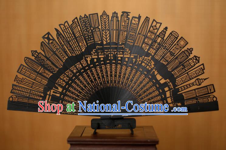 Traditional Chinese Crafts Hollow Out Bamboo Folding Fan, China Handmade Sandalwood Black Fans for Women