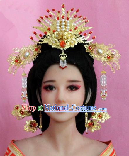 Chinese Ancient Hair Jewelry Accessories Xiuhe Suit Tassel Phoenix Coronet, China Empress Hairpins Headwear for Women