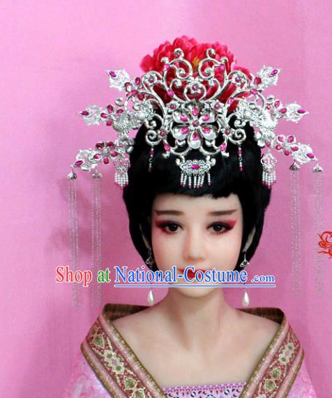 Traditional Chinese Handmade Hair Accessories Ancient Princess Hairpins Rosy Crystal Phoenix Coronet for Women