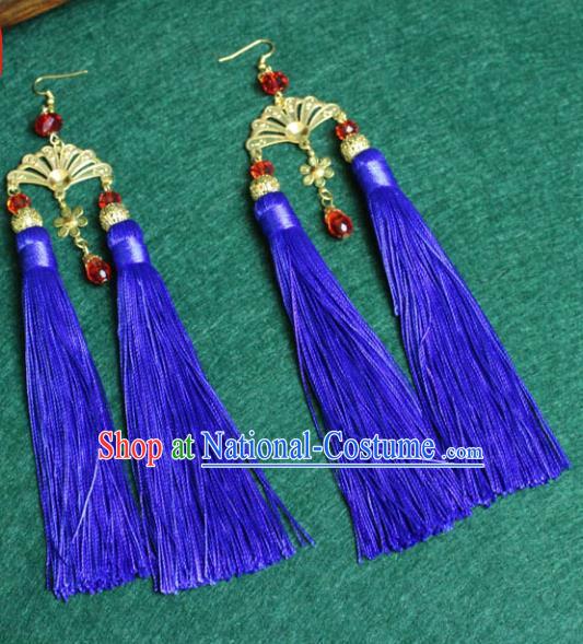 Traditional Chinese Handmade Jewelry Accessories Xiuhe Suit Bride Earrings Hanfu Blue Tassel Eardrop for Women