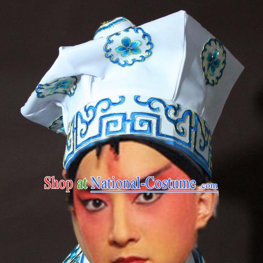 Traditional China Beijing Opera Takefu White Hats, Chinese Peking Opera Imperial Bodyguard Embroidered Headwear