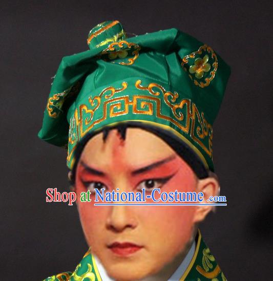 Traditional China Beijing Opera Takefu Green Hats, Chinese Peking Opera Imperial Bodyguard Embroidered Headwear