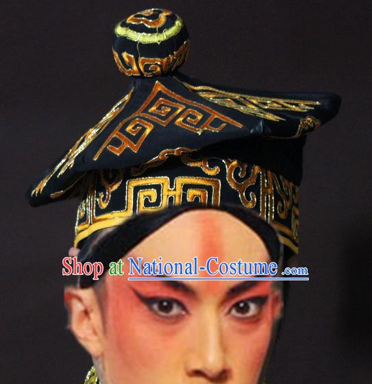 Traditional China Beijing Opera Takefu Black Hats, Chinese Peking Opera Imperial Bodyguard Embroidered Headwear