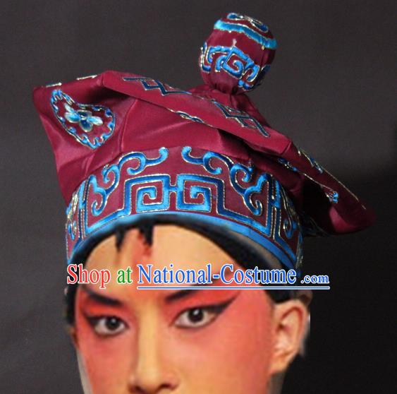 Traditional China Beijing Opera Takefu Purplish Red Hats, Chinese Peking Opera Imperial Bodyguard Embroidered Headwear