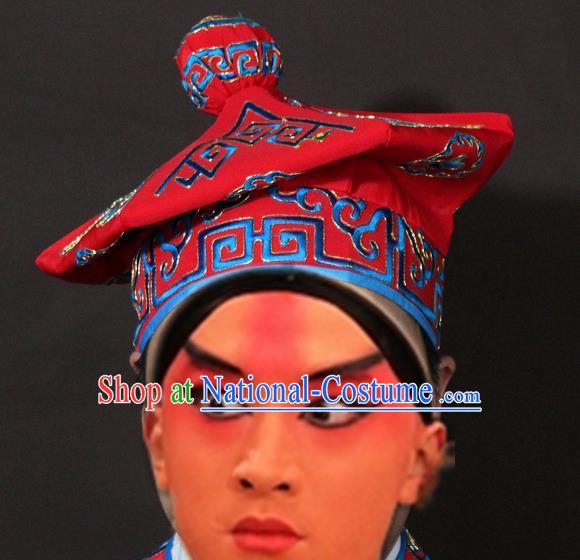 Traditional China Beijing Opera Takefu Red Hats, Chinese Peking Opera Imperial Bodyguard Embroidered Headwear