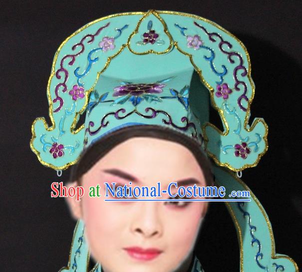 Traditional China Beijing Opera Niche Embroidered Green Hats, Chinese Peking Opera Gifted Scholar Headwear