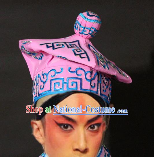 Traditional China Beijing Opera Takefu Pink Hats, Chinese Peking Opera Imperial Bodyguard Embroidered Headwear