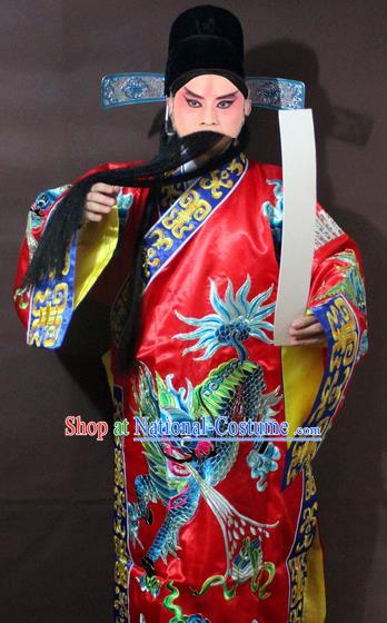 Traditional China Beijing Opera God of Wealth Costume Red Embroidered Robe, Chinese Peking Opera Embroidery Gwanbok Clothing