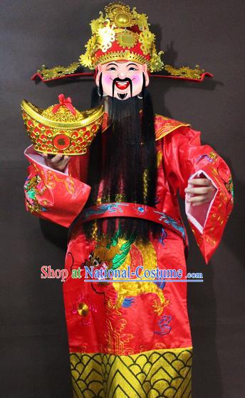 Traditional China Beijing Opera God of Wealth Costume Red Embroidered Robe, Chinese Peking Opera Mammon Gwanbok