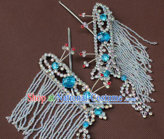 Traditional China Beijing Opera Actress Hair Accessories Blue Crystal Hairpins, Chinese Peking Opera Diva Headwear