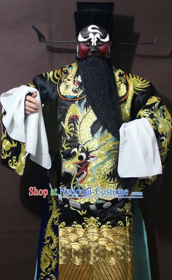 Traditional China Beijing Opera Prime Minister Costume Black Embroidered Robe, Chinese Peking Opera Bao Zheng Gwanbok Clothing