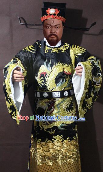 Traditional China Beijing Opera Prime Minister Costume Black Embroidered Robe, Chinese Peking Opera Bao Zheng Gwanbok Clothing