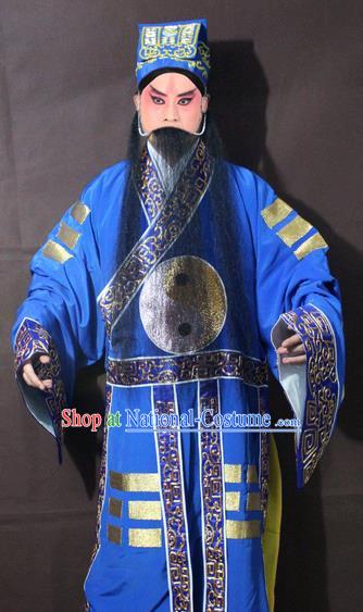 Traditional China Beijing Opera Taoist Priest Embroidery Costume, Chinese Peking Opera Blue Embroidered Robe Clothing