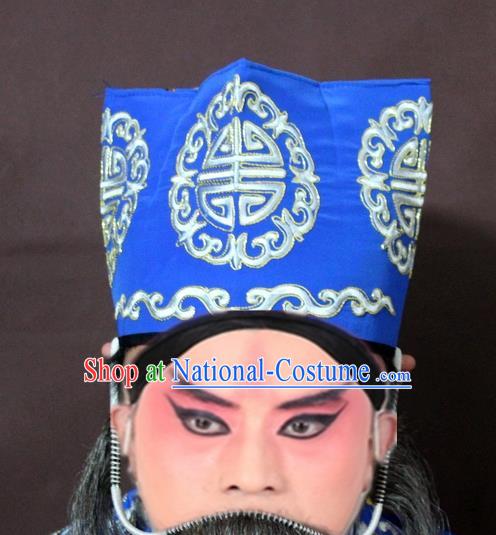 Traditional China Beijing Opera Ministry Councillor Embroidery Blue Hats, Chinese Peking Opera Old Men Embroidered Headwear