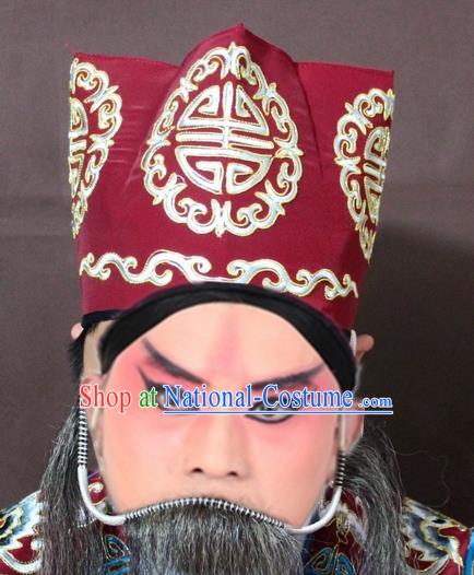 Traditional China Beijing Opera Ministry Councillor Embroidery Red Hats, Chinese Peking Opera Old Men Embroidered Headwear