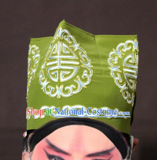 Traditional China Beijing Opera Ministry Councillor Embroidery Green Hats, Chinese Peking Opera Old Men Embroidered Headwear