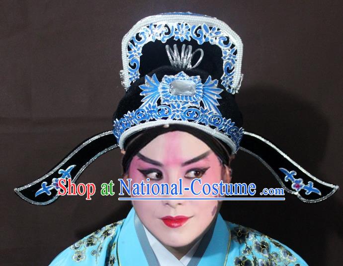 Traditional China Beijing Opera Niche Embroidery Hats, Chinese Peking Opera Scholar Headwear