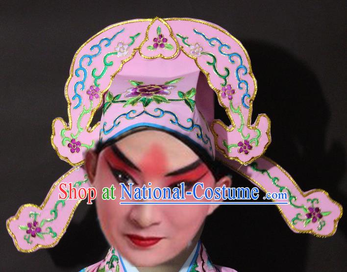 Traditional China Beijing Opera Niche Embroidery Pink Hats, Chinese Peking Opera Scholar Headwear