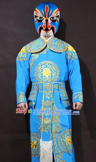 Traditional China Beijing Opera Takefu Embroidery Blue Costume, Chinese Peking Opera Soldiers Embroidered Clothing