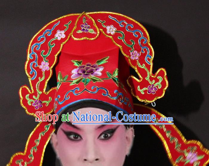 Traditional China Beijing Opera Niche Embroidery Red Hats, Chinese Peking Opera Scholar Headwear