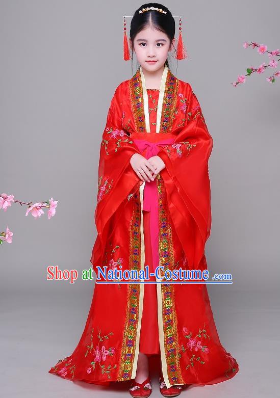 Traditional Chinese Ancient Children Imperial Consort Hanfu Embroidered Clothing, China Tang Dynasty Palace Lady Costume for Kids