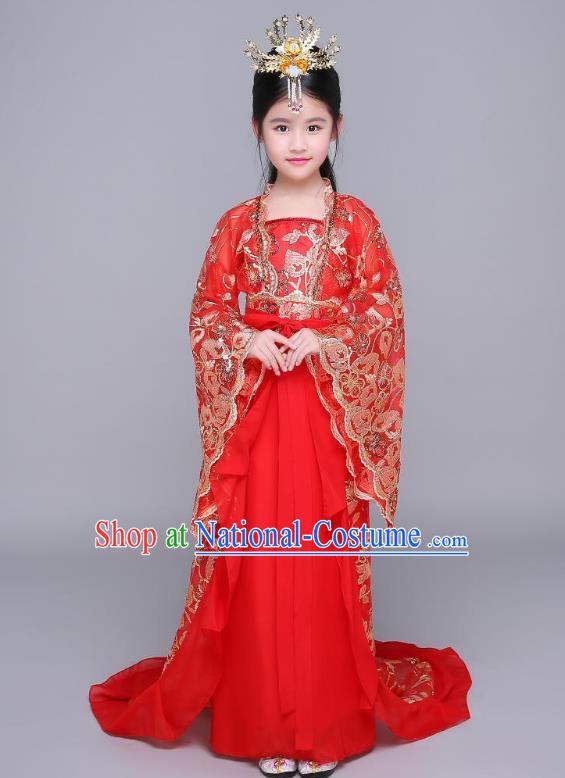 Traditional Chinese Ancient Children Fairy Hanfu Clothing, China Tang Dynasty Palace Princess Costume Trailing Dress for Kids