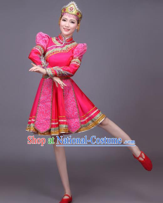 Chinese Traditional Mongol Nationality Dance Costume Mongolian Folk Dance Rosy Dress for Women