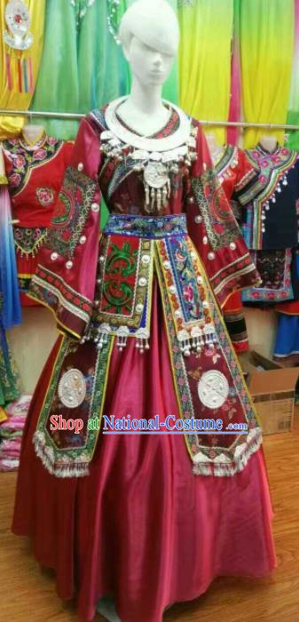 Chinese Traditional Miao Nationality Wedding Wine Red Costume Hmong Folk Dance Ethnic Clothing for Women