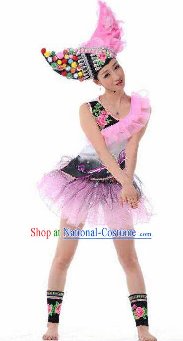 Chinese Traditional Yi Nationality Rosy Costume Folk Dance Ethnic Clothing for Women