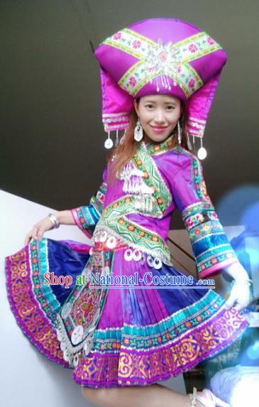 Chinese Traditional Zhuang Nationality Costume Folk Dance Ethnic Purple Dress for Women