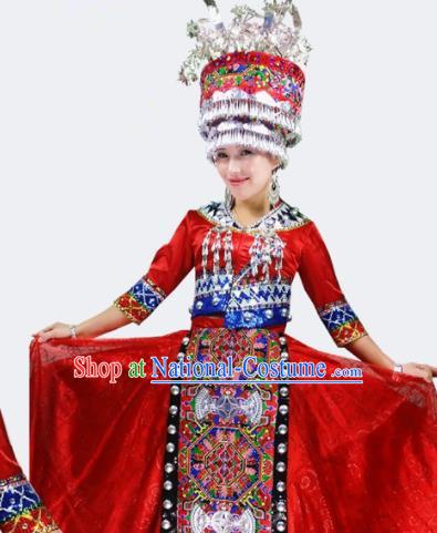 Chinese Traditional Miao Nationality Bride Costume Folk Dance Ethnic Red Clothing for Women