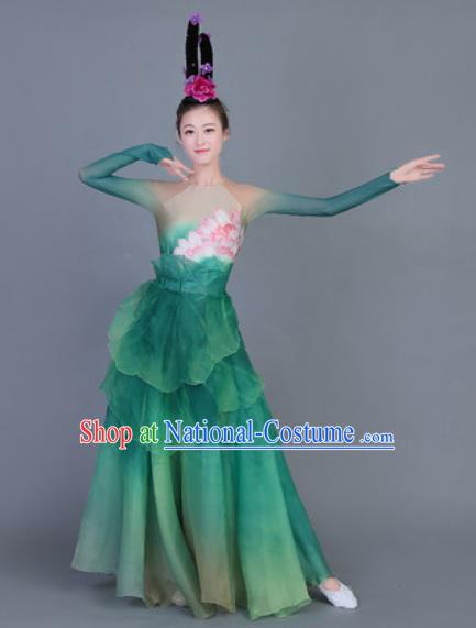 Chinese Traditional Classical Dance Costume Folk Dance Lotus Dance Green Dress for Women