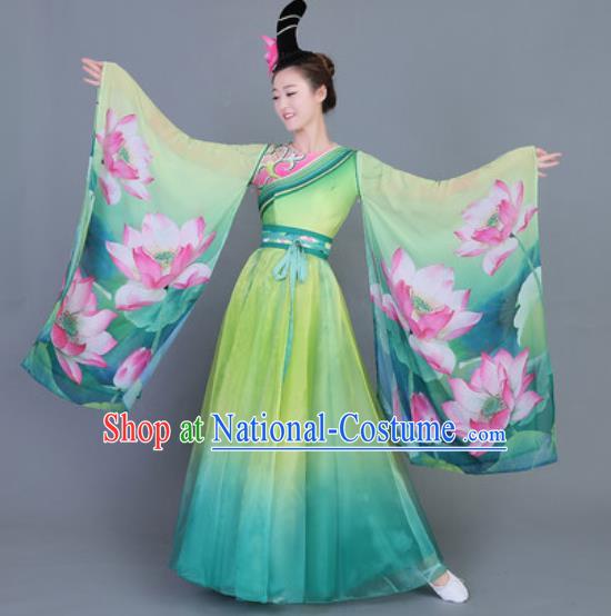 Chinese Traditional Classical Dance Costume Folk Dance Printing Lotus Green Dress for Women