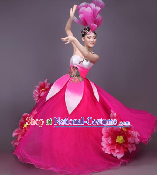 Chinese Traditional Classical Dance Costume Folk Dance Peony Dance Rosy Dress for Women