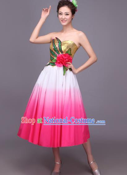 Professional Modern Dance Rosy Dress Opening Dance Stage Performance Chorus Costume for Women