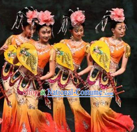 Chinese Traditional Folk Dance Costume Lute Dance Classical Dance Orange Clothing for Women